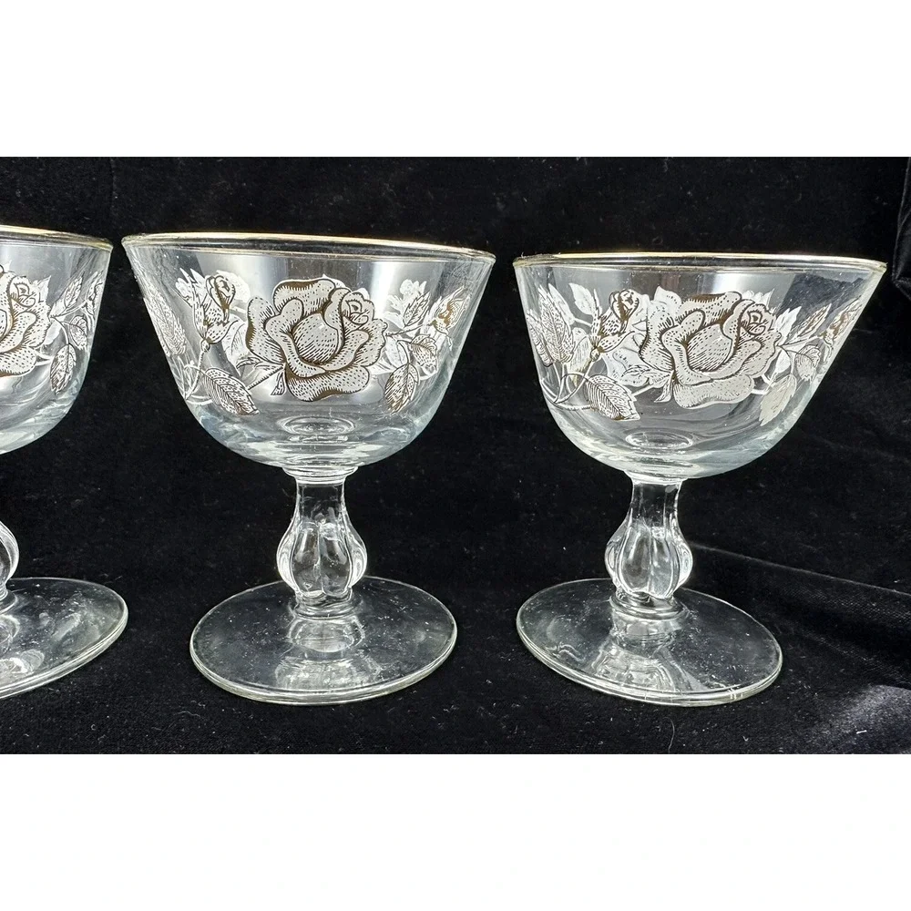 Vtg Libbey White Rose Bouquet Champagne/Tall Sherbet Glasses  4 oz Set Of 4